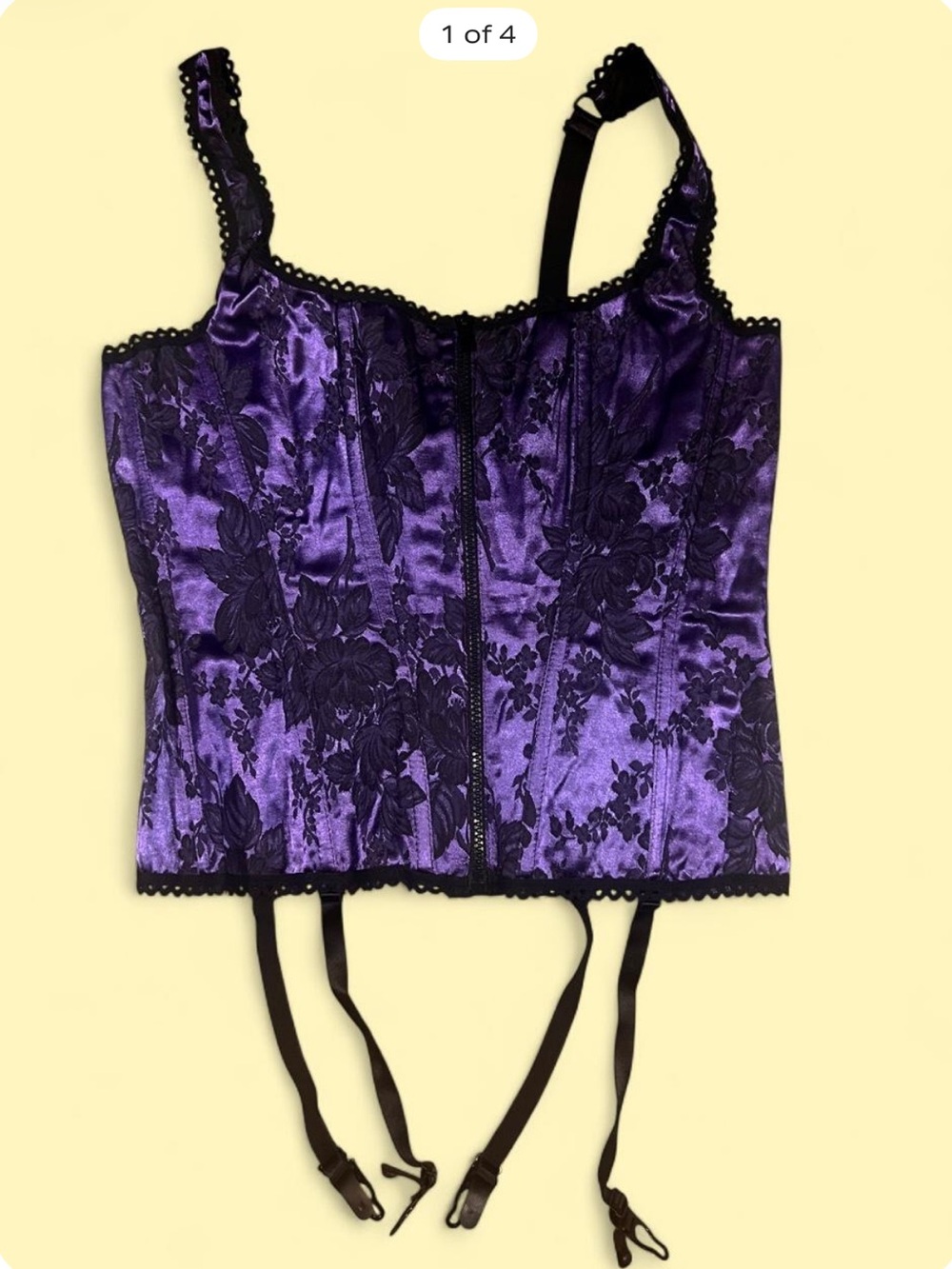 Shirley of Hollywood Purple Floral Satin Corset Camisole with Garter Straps
